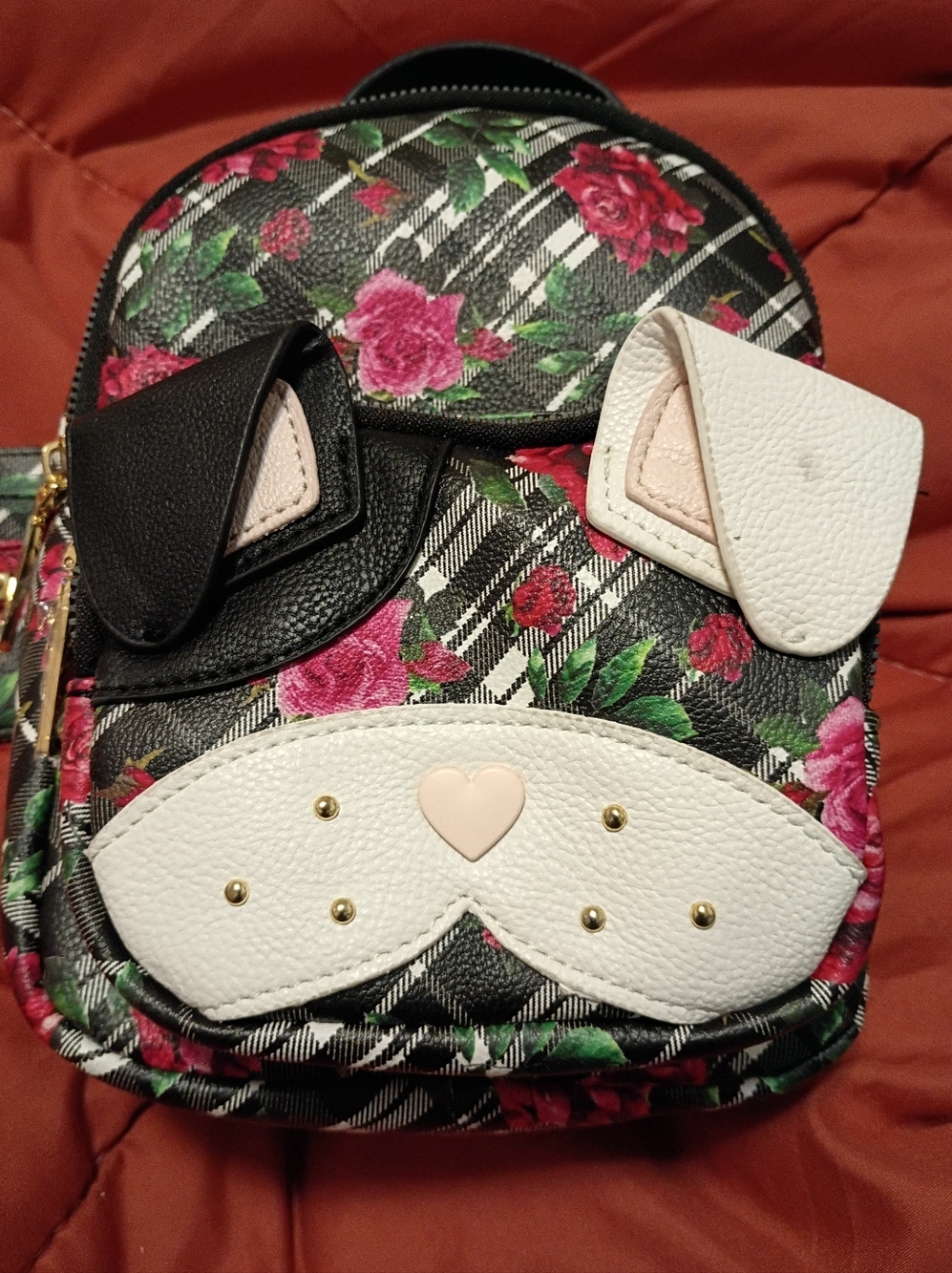 Floral Plaid Mini Backpack with Heart Accent - White & Pink